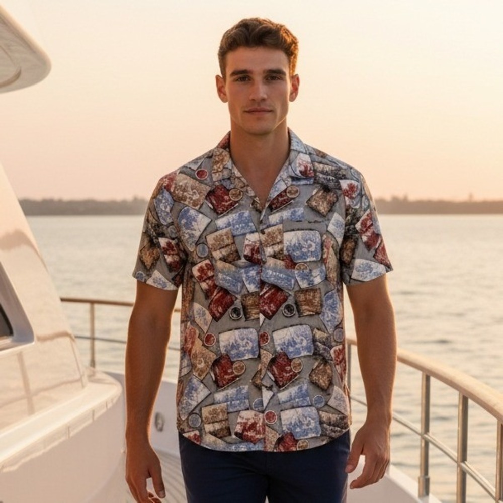 Greg Norman L Hawaiian Shirt Men Short Sleeve Button Down Colorful Linen Blend